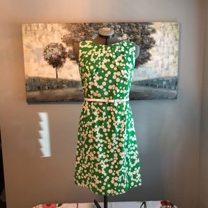 Kelly Green with white polka dots and white belt knee length dress